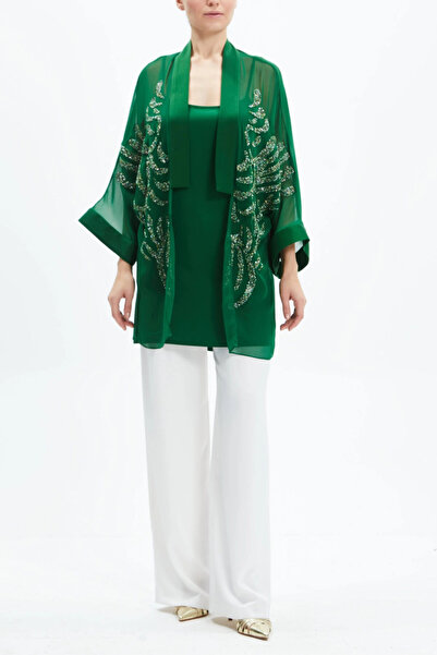 SERPİL Şifon Kimono Altın Işlemeli Bol Kesim Yeşil Kap 38504