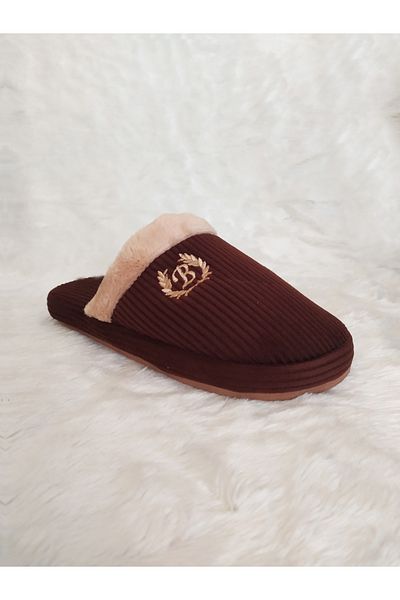 Efsun Text Detailed Furry Non-Slip Soft Thick-Soled Dowry Guest Winter Men's Indoor Slippers