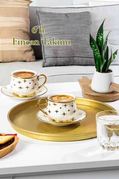 Porsima Zephyr Gold Gilded 6-Person Cup Set 12-Piece Turkish Coffee Set Coffee Cup