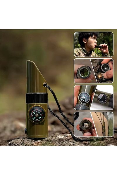 Ethab Ticaret 7Si in 1 Emergency Whistle,Flashlight, Thermometer,Compass,Magnifier,Camper Whistle with Storage Compartment