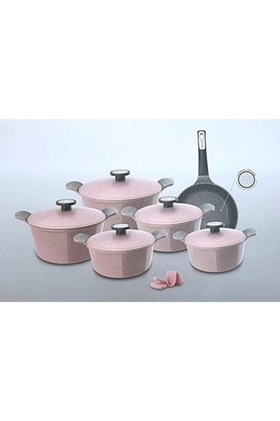 NEOFLAM POTE,Cooking Set 11Pcs(Pot 20,22,24,26,28cm+Frypan 26cm)Cast Aluminum Ecolon Coating,Pink Marble.
