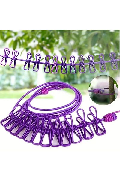 Ethab Ticaret Ethab ®   Portable Travel Clothesline 12 Pegs Elastic Clothes Pegs with Clips