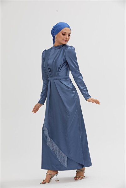 stillbiziz Püsküllü Tesettür Saten Abiye Elbise PSL001