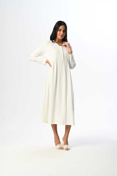 Marilyn Club Long Length Lace Dressing Gown Button Collar Long Sleeve Women's Nightgown 2-Piece Set