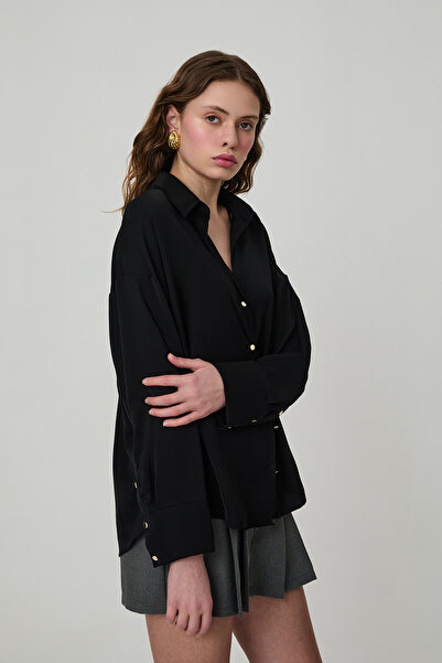 Quzu Gold Düğmeli Basic Gömlek Siyah alien moda