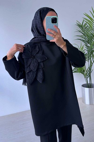 Ka Hijab Floral Asymmetrical Cut Scuba Set - Black