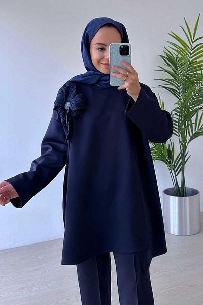 Ka Hijab Floral Asymmetrical Cut Scuba Set - Navy Blue