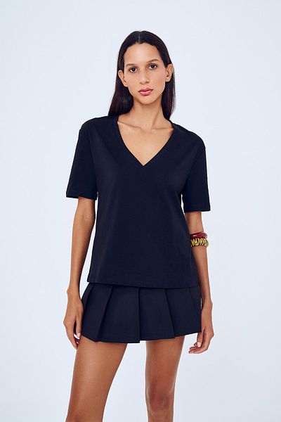 Quzu Black V-Neck Short Sleeve Basic T-Shirt