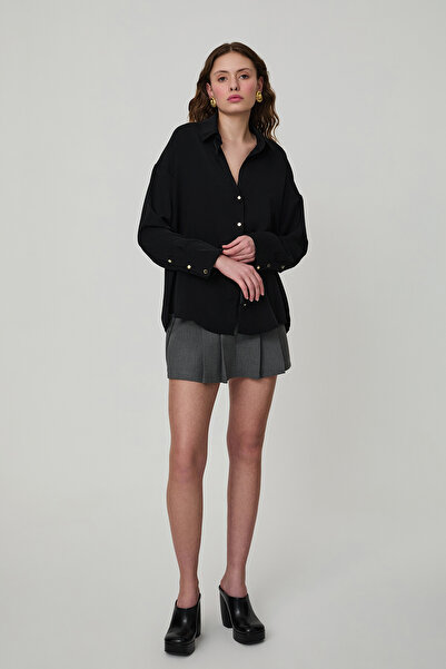 Quzu Gold Düğmeli Basic Gömlek Siyah alien moda