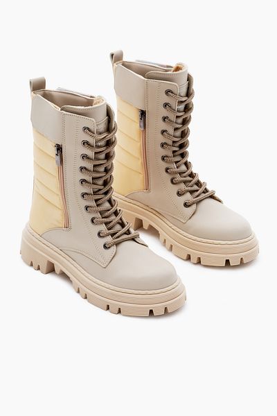Tonny Black Μπεζ κεντημένες γυναικείες μπότες - Thermo Sole, Slice Pattern, Velcro Laced και φερμουάρ