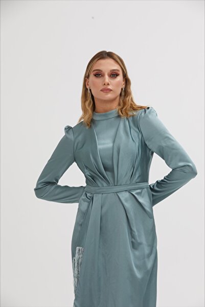 stillbiziz Hijab Satin Evening Dress with Tassels Psl001