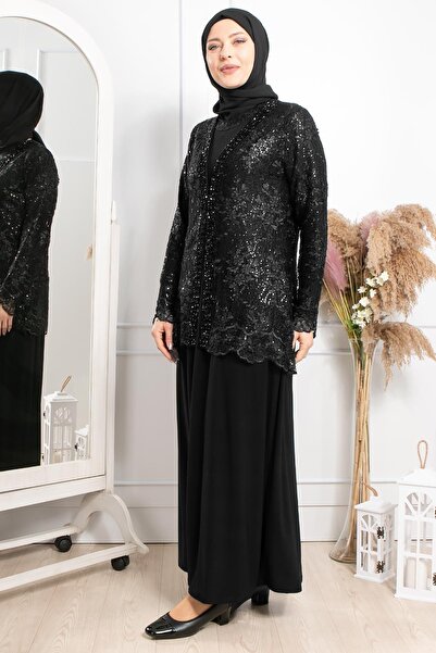 SUBU TASARIM İşleme Ve Dantel Detaylı Abiye Siyah TBS2313