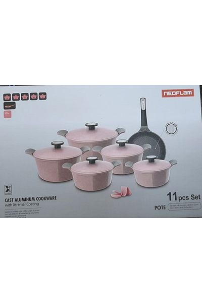 NEOFLAM POTE,Cooking Set 11Pcs(Pot 20,22,24,26,28cm+Frypan 26cm)Cast Aluminum Ecolon Coating,Pink Marble.