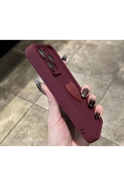 Burroe Atalier iPhone 16 Promax 3D Heart Burgundy Soft Silicone Camera Protected Phone Case