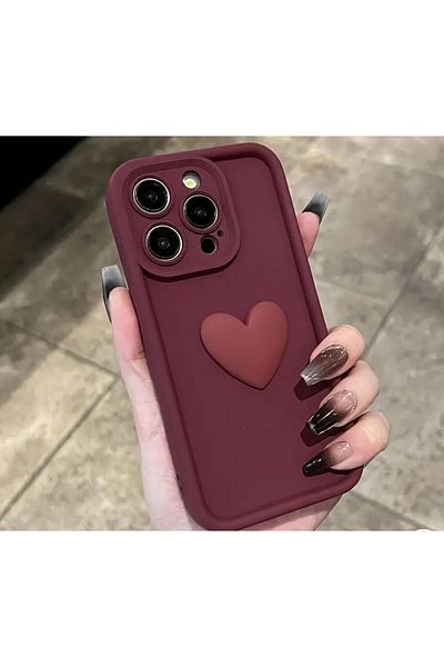 Burroe Atalier iPhone 16 Promax 3D Heart Burgundy Soft Silicone Camera Protected Phone Case