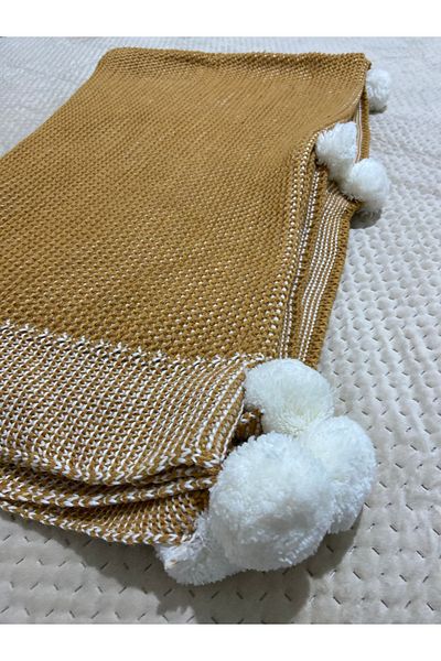 YGT Home Violet Knitwear Knitted Tv Blanket Mustard 10 Pompom 130X170 Leg Shawl-Seat Shawl and Decor