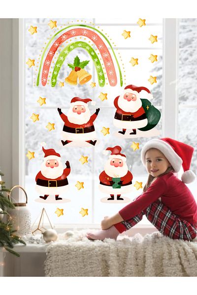 woody toys Christmas Themed Santa Claus Rainbow And Stars Glass Wall Sticker Set