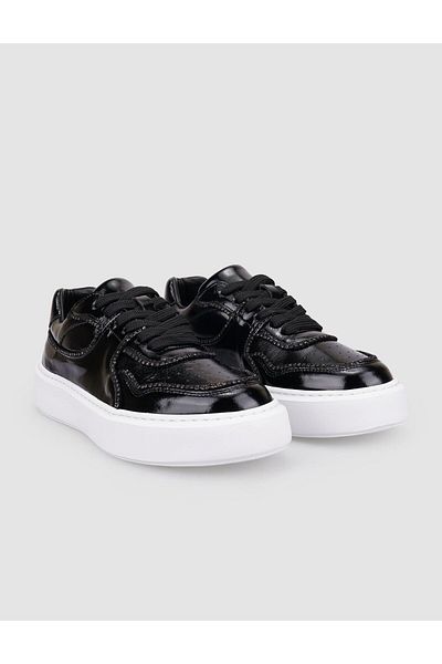 Cabani 100% Genuine Leather Black Patent Leather Lace-Up Women's Sneakers