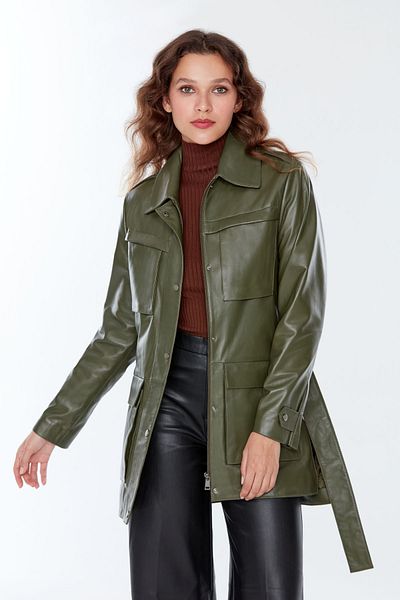 Derimod Anastasia Khaki Long Leather Women's Jacket - 22wgd5031r3