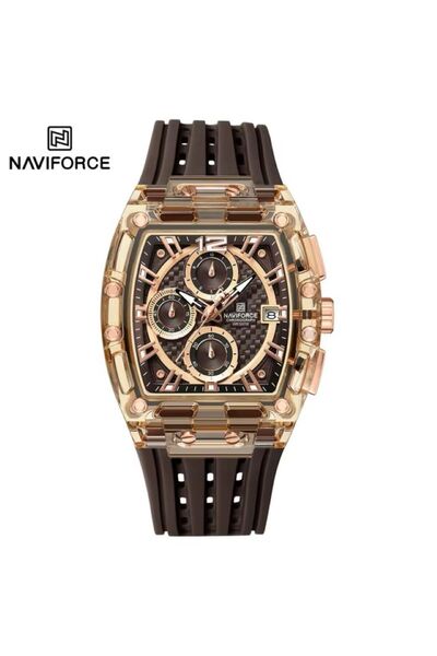 Naviforce Silikon Kordon Analog Erkek Kuvars Kol Saati Kahverengi-Altın