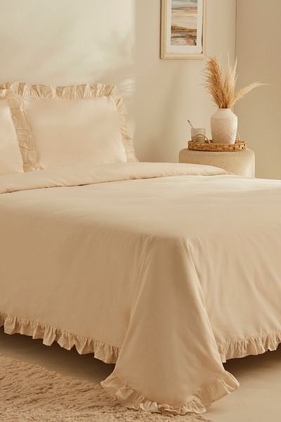 Karaca Home Σετ Παπλωματοθήκη Pure Ruffle 100% βαμβακερό διπλό ανοιχτό μπεζ