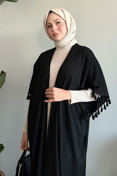 InStyle Black Knitwear Poncho with Tassel Detail on the Sleeves