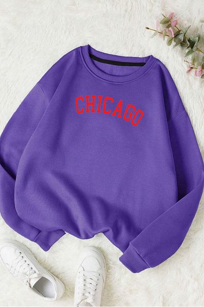 Moda Glo Унисекс памучен суитшърт с щампа Chicago и кръгло деколте