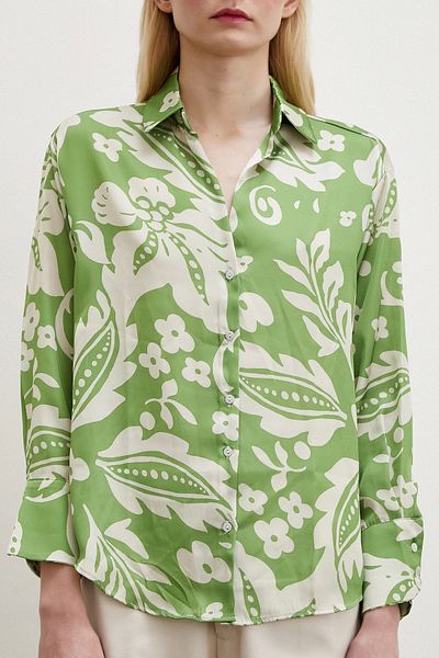 Never more Floral Patterned Satin Shirt Green