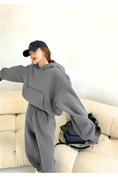 BayBayan Kadın 3 İplik İçi Pamuklu Kanguru Cepli Paçası Lastikli Rahat Oversize Eşofman Takımı