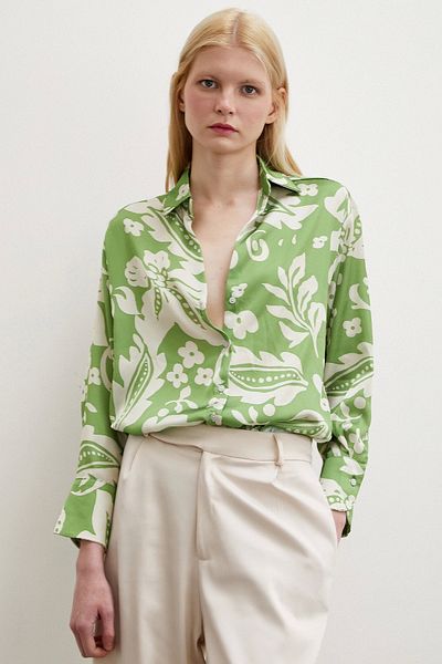 Never more Floral Patterned Satin Shirt Green