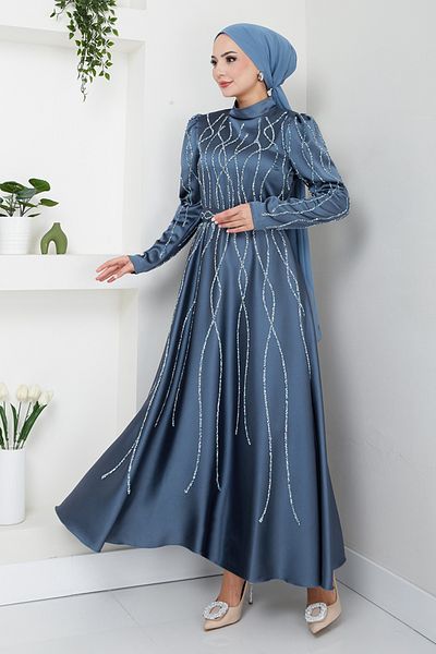 ModaMerve Blue Stone Detailed Evening Dress 5633End900-M