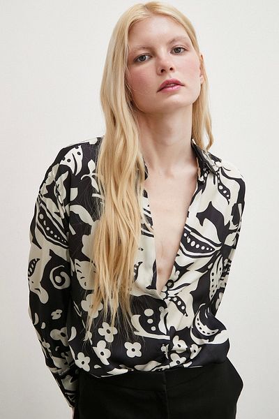 Never more Floral Patterned Satin Shirt Black