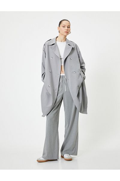 Koton Long Double Breasted Trench Coat - Button and Epaulette Detail
