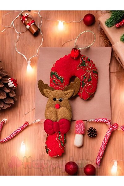 Happyland Yılbaşı Ağacı Süsü Baston Şekerli Geyik  Peluş Model Asma Süs 15cm Küçük Boy