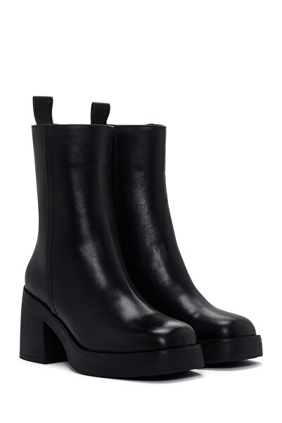 Derimod Γυναικείες δερμάτινες μπότες με μαύρο χοντρό τακούνι με φερμουάρ 23wfd201118