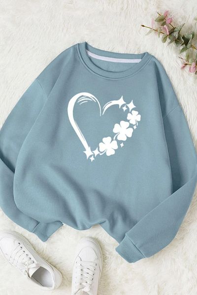 Moda Glo Βαμβακερό φούτερ Unisex Oversize Heart Printed Crew Neck