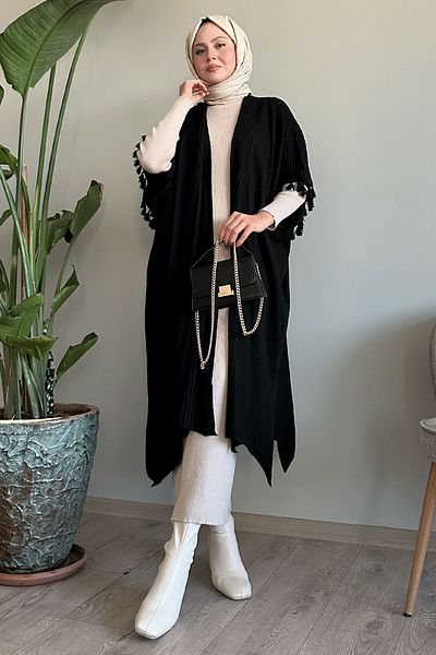 InStyle Black Knitwear Poncho with Tassel Detail on the Sleeves