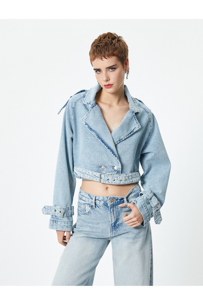 Koton Short Denim Trench Coat Double Breasted with Belt and Epaulet Detail