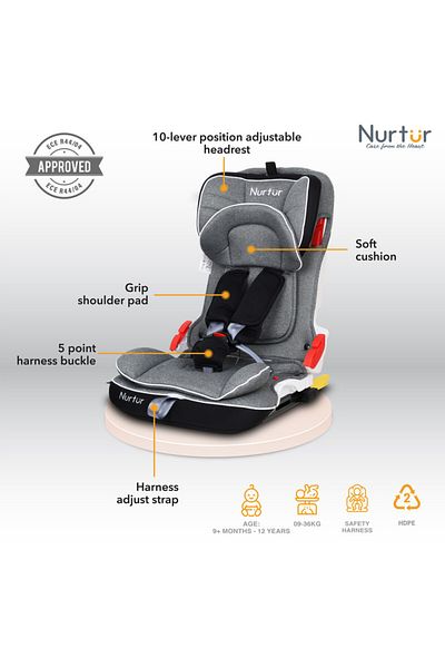 Nurtur Maverick Foldable Car Seat, ISOFIX, 10-Level Adjustable Headrest, 9m-12y, 36kg, Compact, Grey