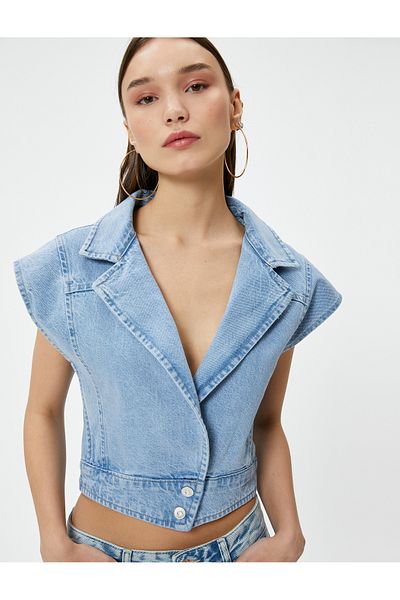 Koton Double Breasted Short Jeans Jacket - Sleeveless and Buttoned