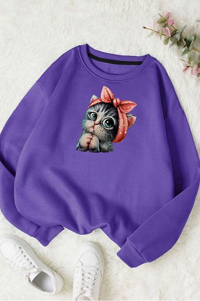Moda Glo Unisex Cute Cat Printed Crew Neck Βαμβακερό φούτερ