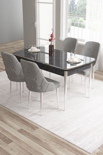 Canisa Tia Serisi, Siyah Mermer Desen 80x132 Açılabilir Mdf Yemek Odası Takım...