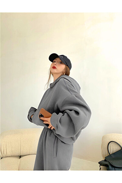 BayBayan Kadın 3 İplik İçi Pamuklu Kanguru Cepli Paçası Lastikli Rahat Oversize Eşofman Takımı
