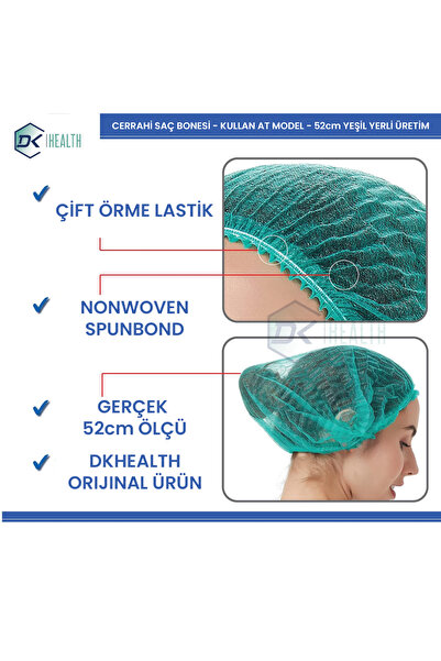 DK HEALTH Cerrahi Bone 100'Lü Saç Bonesi 52cm Yeşil Bone Tek Kullanımlık