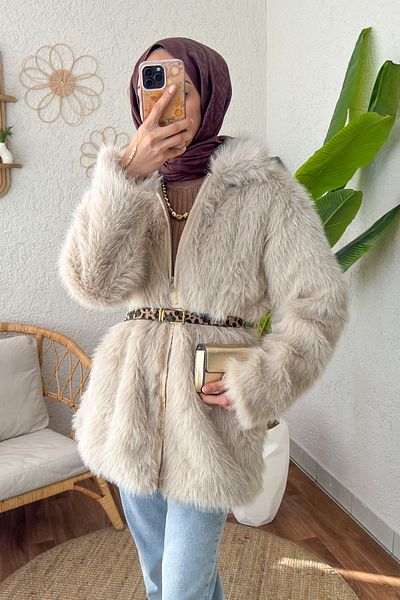 Salih Çelebi 4107 Premium Faux Fur Coat - Χρώμα πέτρας;