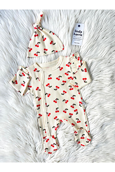 Linda Harris Cherry Pattern Cream Baby Romper with Hat