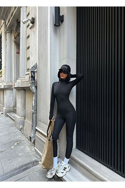 TAYT İBİZA Women's Black Fleece Inside Front Zipper Jumpsuit