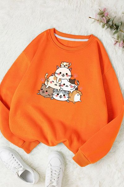 Moda Glo Унисекс памучен суитшърт с кръгло деколте и сладък котешки щамп