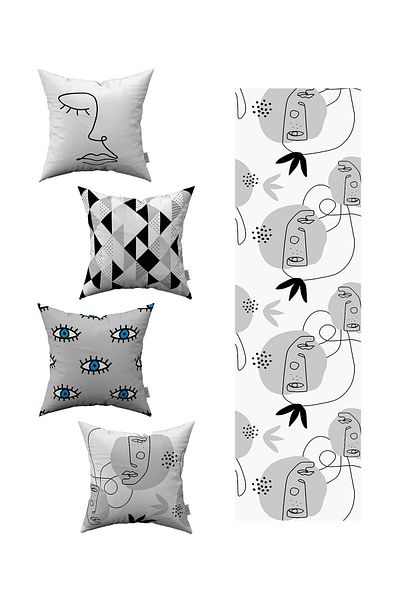 Cango Home White Black Decorative Figure Patterned 4-Piece Throw Pillow Case 1 Runner Set 4kmbs065-rs