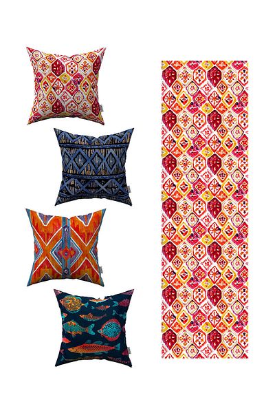 Cango Home Orange Blue Abstract Decorative Patterned 4-Piece Throw Pillow Cover 1 Runner Set 4kmbs063-rs-01